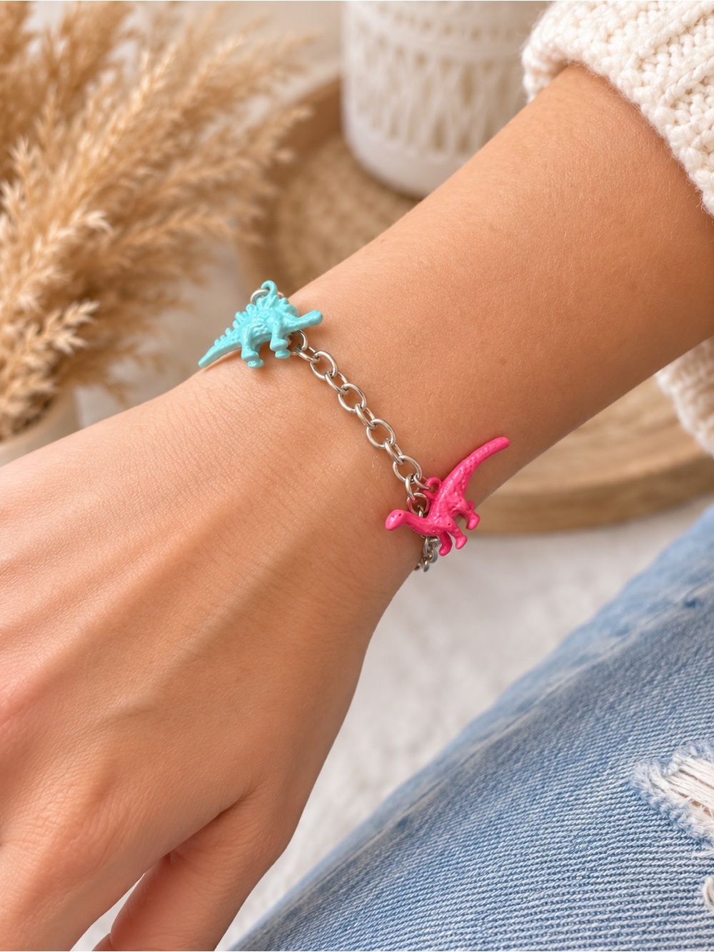 Playful Pink & Turquoise Dinosaur Charm Bracelet - Women Jewelry Bracelets